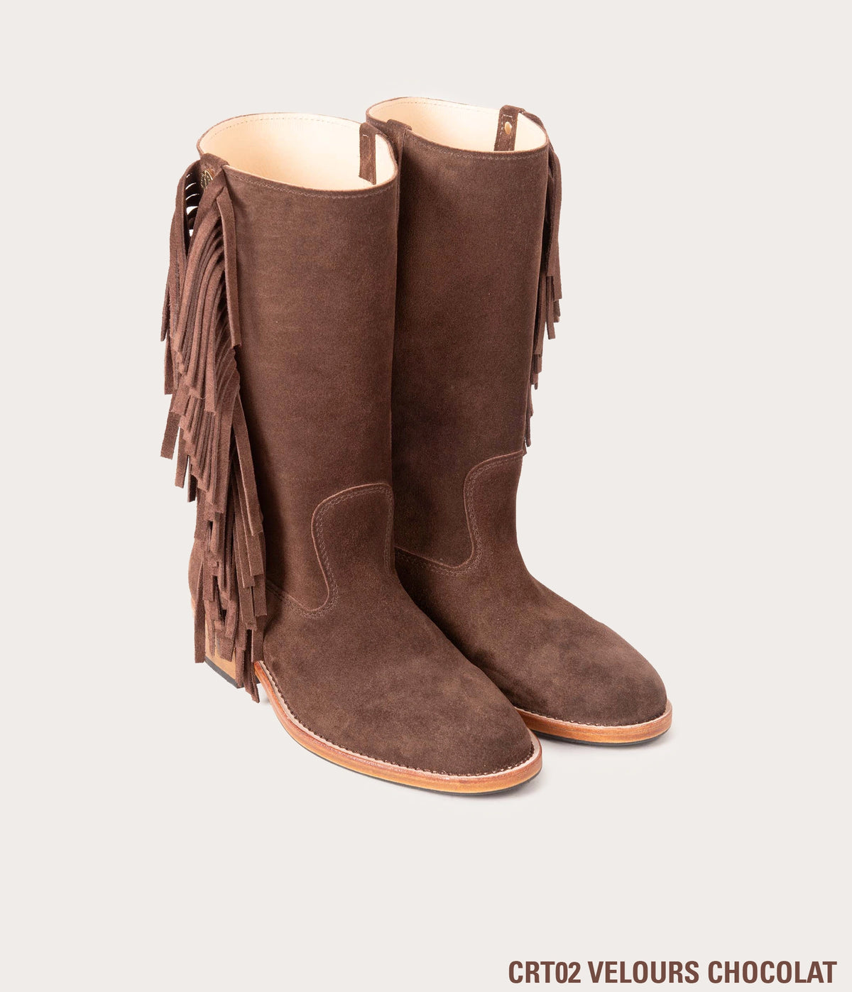 bottes a franges chocolat, bottes femme en cuir velours, bottes a franges en cuir velours