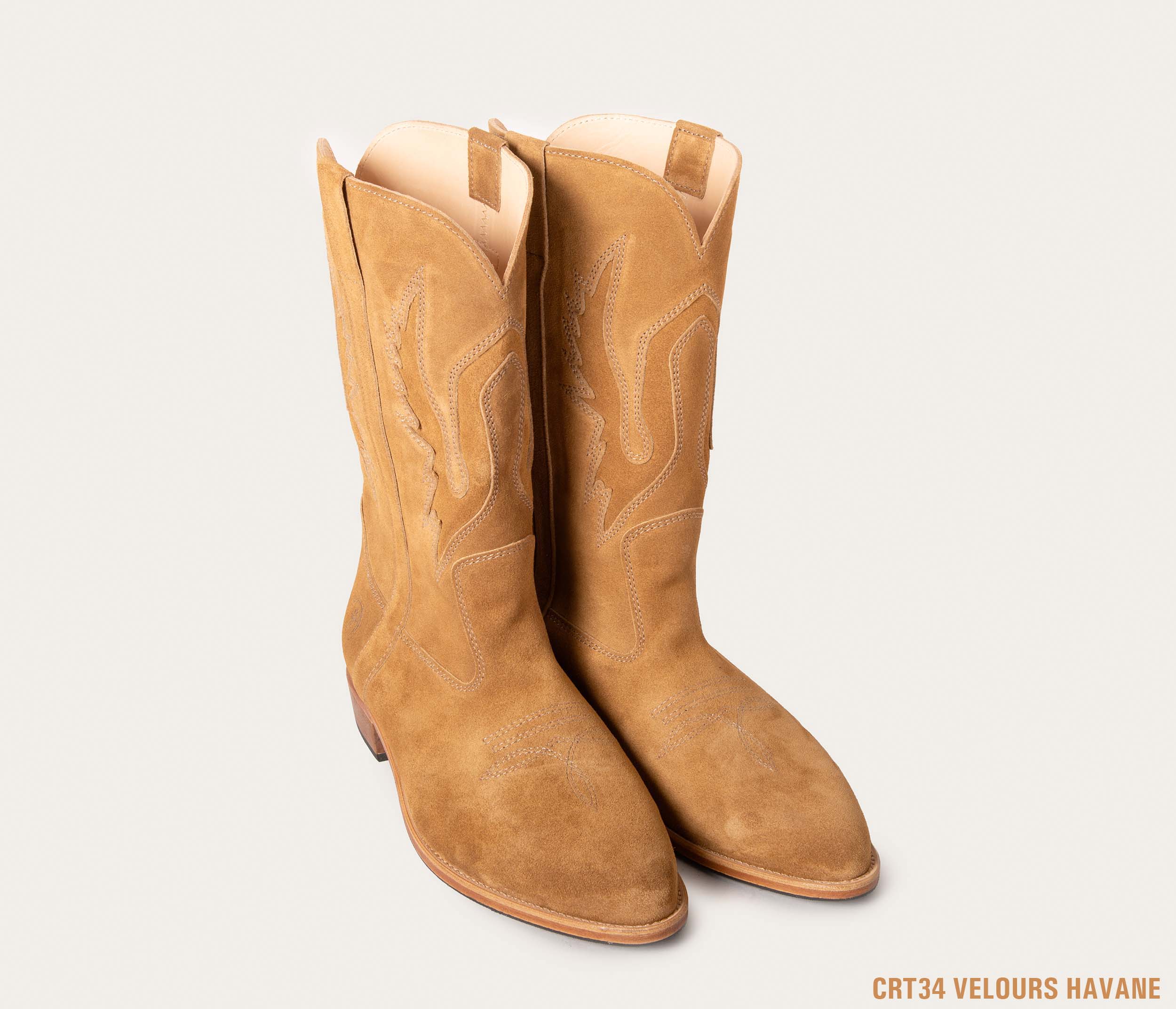 botte santiag en cuir, botte santiag personnalisée, botte western en cuir velours havane personnalisée, botte cow boy, botte sur mesure